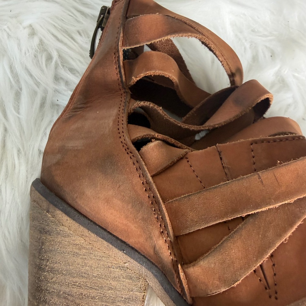 Free People Joe Tan Leather Strappy Block Heel Ankle Boots Brown Boho Zip Back - Picture 7 of 12